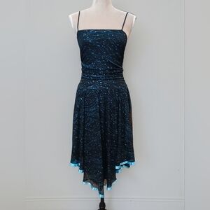 Vtg Y2k Assymetrical Glitter Shirred Fit Flare Dress Juniors Fairy Grunge Black